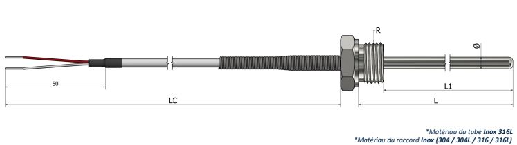 Thermistance à visser - Raccord fixe avec câble de prolongation HR10 - PTC KTY, NTC 10kΩ à 25°C_0