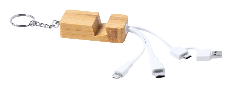 Câble chargeur USB - Porte-clés en bambou avec support téléphone - Connexions USB, USB-C et Lightning_0