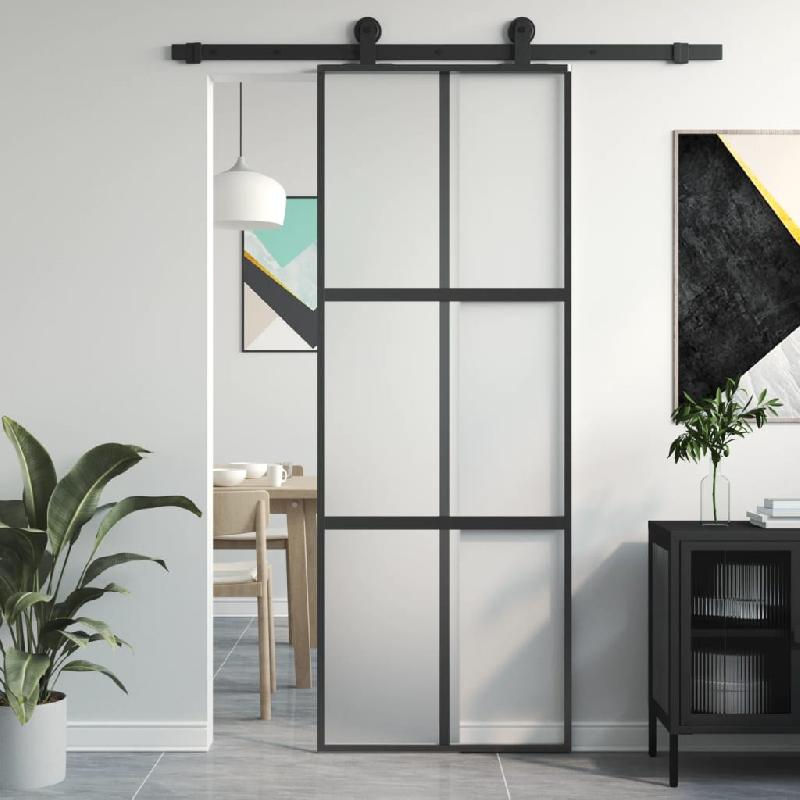 Vidaxl porte coulissante noir 76x205 cm verre trempé aluminium 155207_0