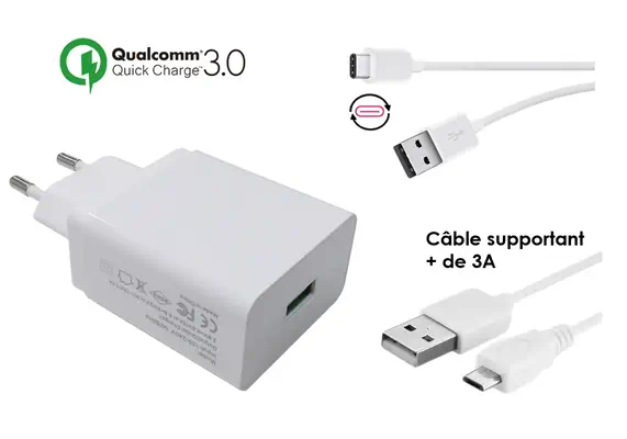 Chargeur secteur USB-A Quick Charge 3.0 avec cable USB-C et cable micro USB_0