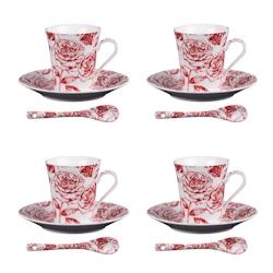 Coffret 4 tasses et sous tasses avec cuillères 16 cl Louise -  Rouge Rond Porcelaine Table Passion 8.5x cm - rouge porcelaine 3106232376702_0