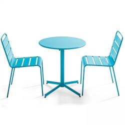 Oviala Business Ensemble table de terrasse ronde et 2 chaises métal bleu - Oviala - bleu acier 106890_0