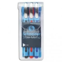SCHNEIDER POCHETTE DE 3 STYLOS BILLE À CAPUCHON, POINTE LARGE, CORPS CAOUTCHOUC CONFORT, ENCRES ASSORTIES