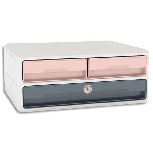 Cep module MoovUp Secure - 2 petits tiroirs + 1 grand tiroir - Caisson blanc - Tiroirs rose poudré et gris_0
