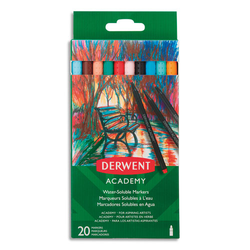 FEUTRES DE COLORIAGE DERWENT ACADEMY - POINTE FINE - COLORIS ASSORTIS - BOÎTE DE 20