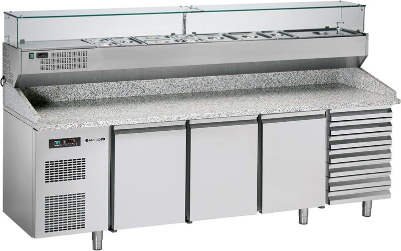 BPZ257A - Table à pizza réfrigérée Angelo Po - 450 kg - Plan granit, 3 portes, 7 tiroirs_0