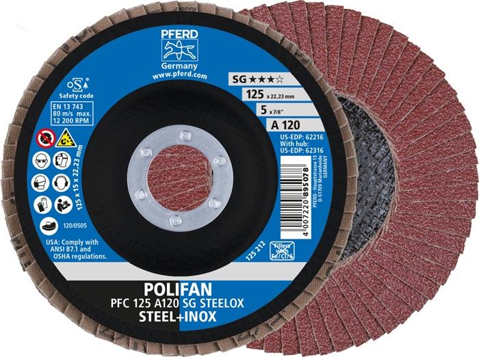 Disque à  lamelles POLIFAN A SG STEELOX D. 125 mm granulation A-120 conique INOX corindon normal PFERD_0