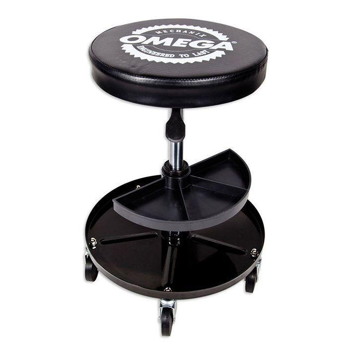 Tabouret roulant de garagiste Omega - réglable en hauteur - avec rangement rotatif 360°_0