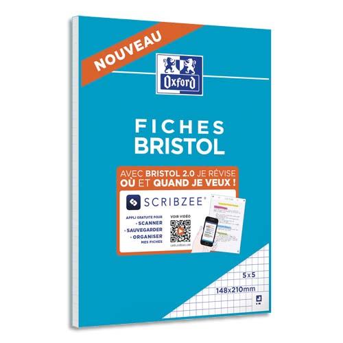 Fiches bristol perforées - 30 feuilles A5 14.8 x 21 cm - 210 g/m² - Petits  carreaux - Bristol 2.0 - Oxford - Bleu - Fiche Bristol - Copies - Feuilles