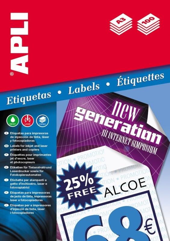 Apli 100 étiquettes blanches multi-usage, format 297 x 420 mm (100 feuilles A3 / cdt) - 8410782113522_0