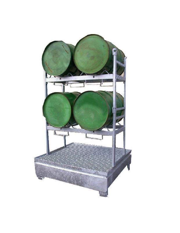 Bac de rétention 440L en acier galvanisé - Caillebotis amovible - Support pour 4 fûts de 220L horizontaux_0