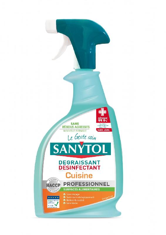 Dégraissant liquide désinfectant SANYTOL - 0,750 L - Parfum Orange - Sans rinçage - Adapté surfaces alimentaires_0