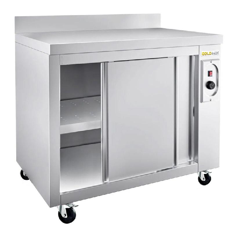 Meuble bas inox chauffant 1000x600 mm adossé sur roulettes PREMIUM - GOLDINOX - gris inox 3701770819829_0