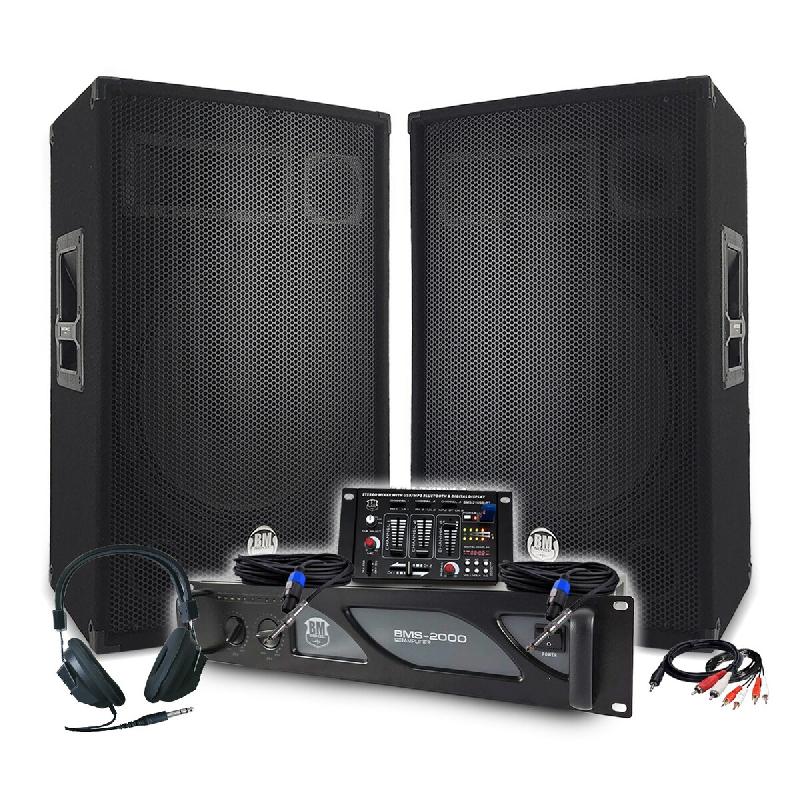 Pack Sono DJ BM SONIC Amplificateur 2000W, Paire d'Enceintes Passives 2x700W, Table de Mixage, Casque DJ, Câbles et Micro - 3666638037756_0