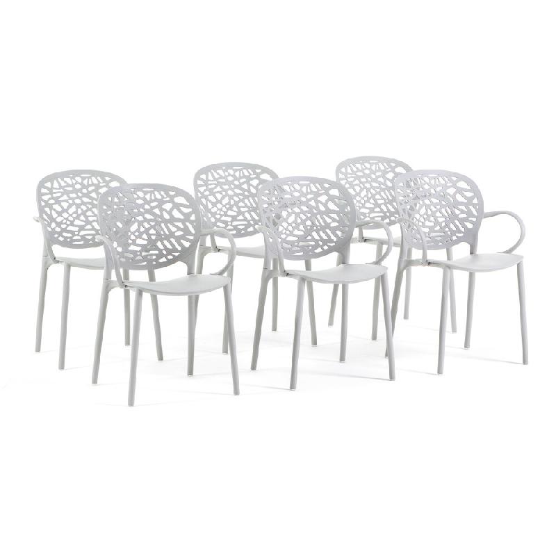 RATTATAN Lot de 6 chaises d'extérieur avec accoudoirs empilables en polypropylène dossier ajouré design naturel pour jardin terrasse bar restaurant_0