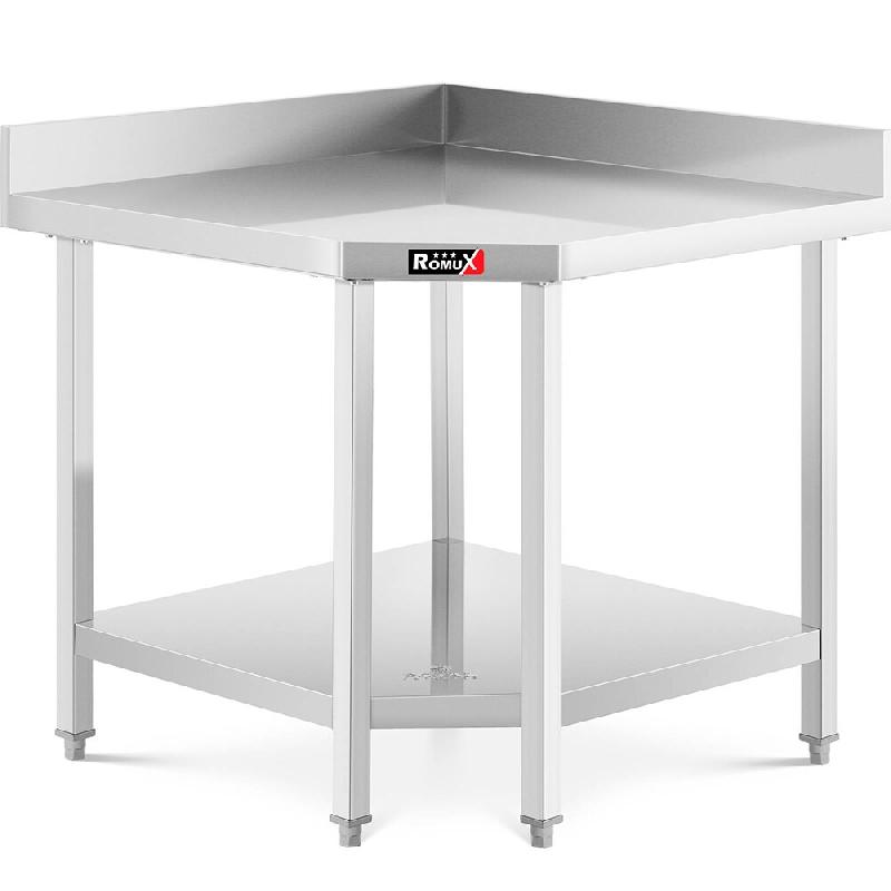 Romux® Table D'angle en Acier Inoxydable pour Restauration Murale avec 1 Étagère 727x727x850 mm | Table de travail Inox Bar Restaurant - 8435811802161_0