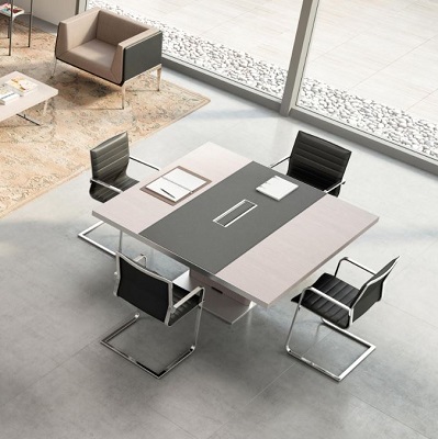Table de réunion carrée Quadrifoglio T45 - haut de gamme - pied et base carrés - plateau mélamine mixte cuir avec trappe pour boîtier de connexion_0