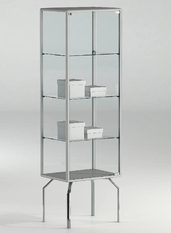 Vitrine contemporaine sur pieds 51-17PVA - verre trempé - gris clair - 3 tablettes amovibles - porte avec serrure_0