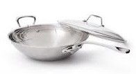 Wok inox 32cm - 1 poignée et 1 queue - M'Cook MAUVIEL avec couvercle en verre et grille_0