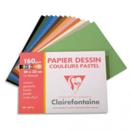 CLAIREFONTAINE POCHETTE DE 12 FEUILLES PAPIER DESSIN COULEUR TEINTES PASTELS 160G 24X32 REF-96772