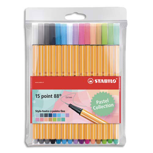 FEUTRES D'ECRITURE STABILO POINT 88 - COLORIS PASTEL ASSORTIS - POCHETTE DE 15 - LOT DE 10