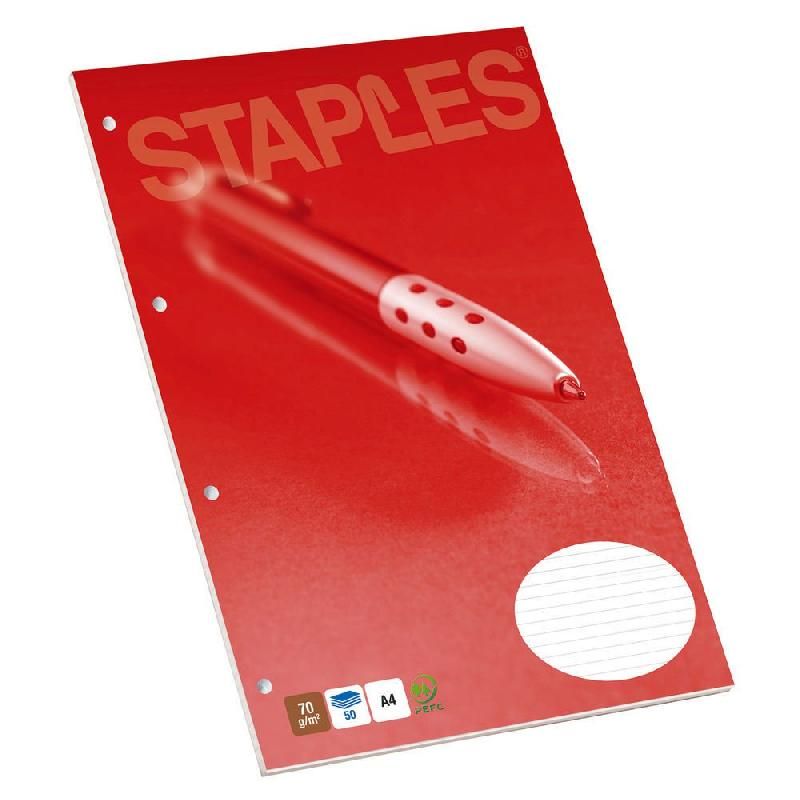 STAPLES BLOC-NOTES AGRAFÉ DIRECTION - FORMAT A4 (70 G/M2) - 50 PAGES PERFORÉES LIGNÉES - COULEURS ASSORTIES (PRIX À L'UNITÉ)