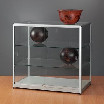 Vitrine de comptoir VARIO - verre trempé, 2 portes coulissantes verrouillables, rayonnages réglables_0