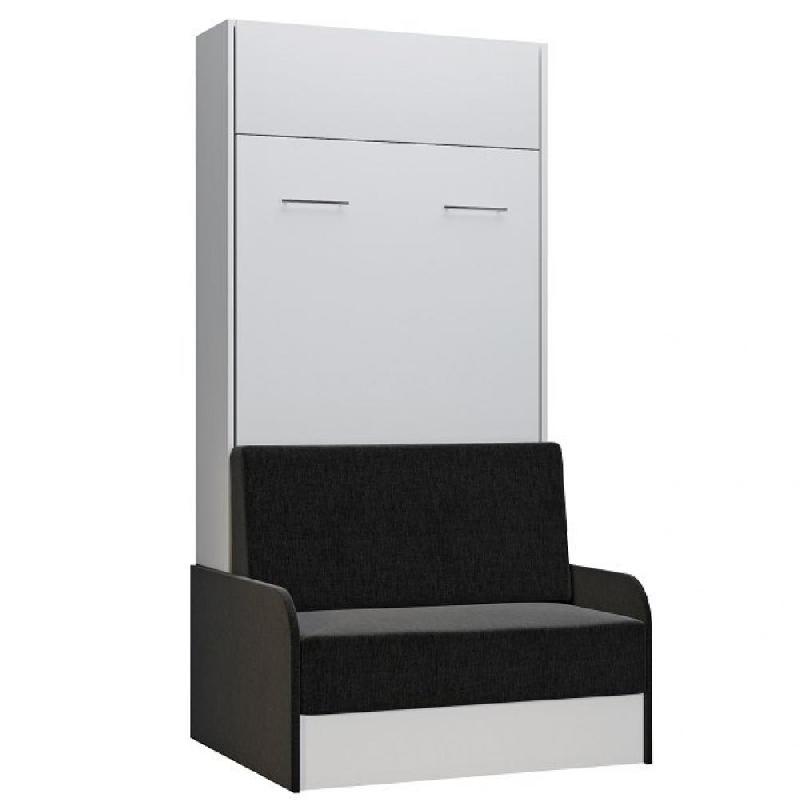Armoire lit escamotable Dynamo Sofa - Blanc avec canapé tissu anthracite et accoudoirs - Couchage 90x200 cm_0