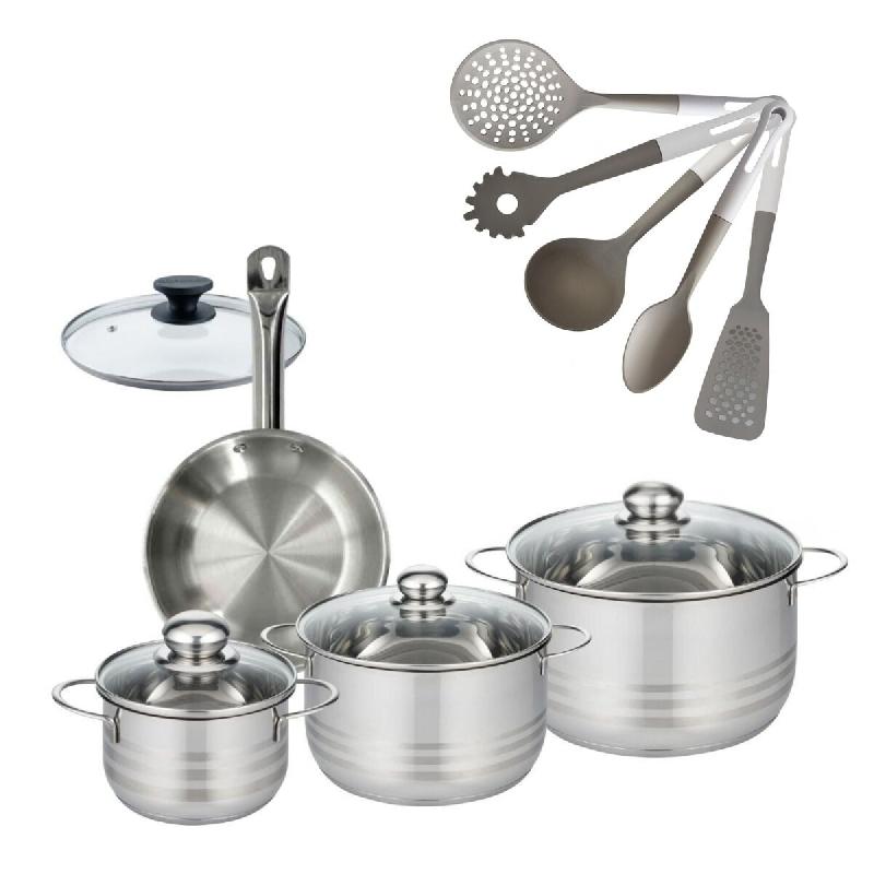 Batterie de cuisine avec 3 faitouts 16/20/24 cm et 1 poêle 20 cm avec 6 ustensiles de cuisine Fackelmann Etherna Brillant Vario avec couvercles - gri_0