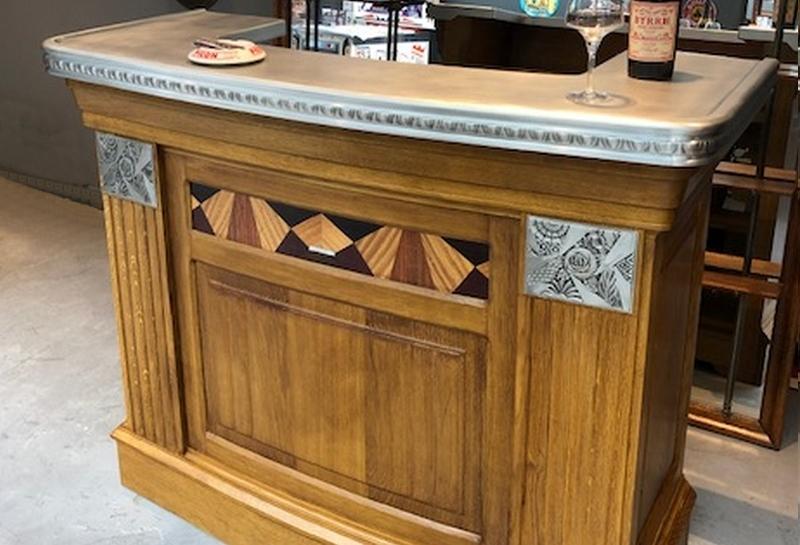 Comptoir n°103 - chêne massif marqueterie 1930 - dessus en étain alimentaire - 4 niches_0