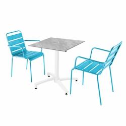 Oviala Business Ensemble table de terrasse stratifié marbre et 2 fauteuils bleu - Oviala - bleu métal 110822_0