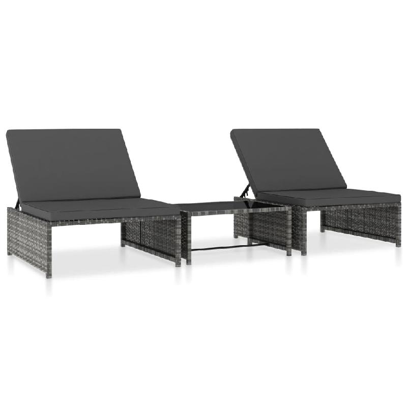 Helloshop26 - Lot de 2 transats chaise longue bain de soleil lit de jardin terrasse meuble d'extérieur avec table résine tressée 02_0012127 - verre_0