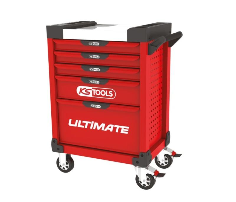 KS TOOLS - 809.0005 - Servante d'atelier Vide Ultimate 5 tiroirs - Caisse à Outil - Couleur Rouge - Plateau INOX - Porte flacons - 4042146376638_0