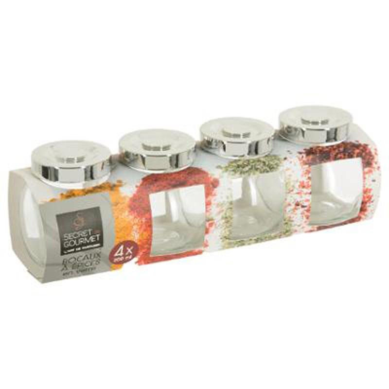 Lot de 4 bocaux à épices Loupa 200ml en verre transparent - Couvercle argenté - Paris Prix_0