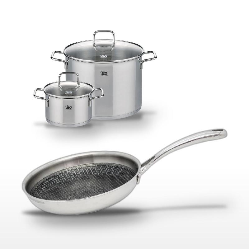 Lot Poêle 28 cm Elo Relief Evolution & 2 Faitouts 20/26 cm - gris inox 3176239956849_0