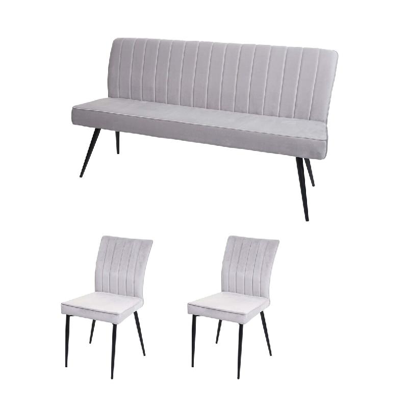 Mendler Set de salle à manger HWC-K16, set de 2 chaises+banquette Groupe de salle à manger Ensemble de salle à manger, velours métal ~ gris clair_0