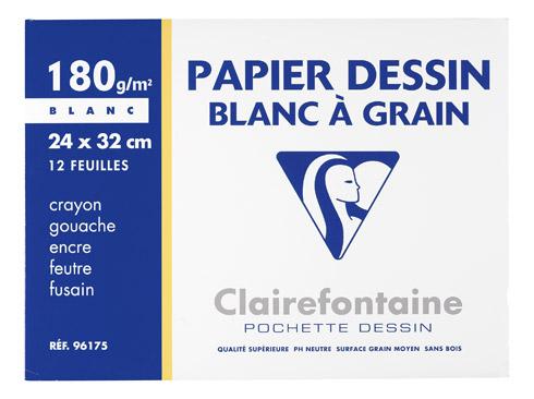 POCHETTE 12 FEUILLES PAPIER DESSIN BLANC A4+ CLAIREFONTAINE C À GRAIN 180G