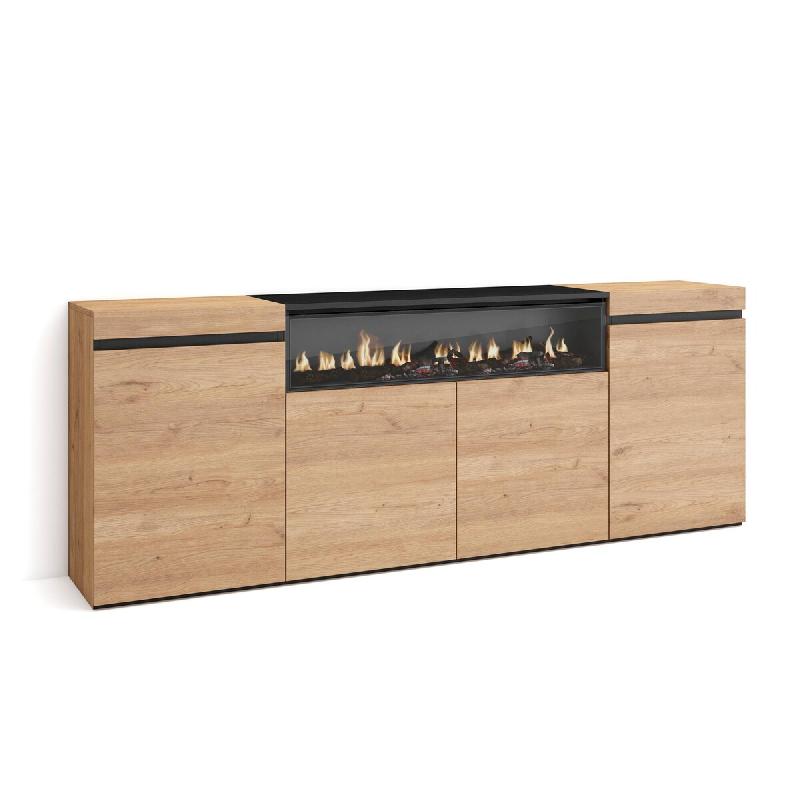 SKRAUT HOME Buffet salon et cuisine, 200x75x35cm, 4 Portes, Cheminée électrique, Chêne et noir - beige Bois manufacturé 63_11_0
