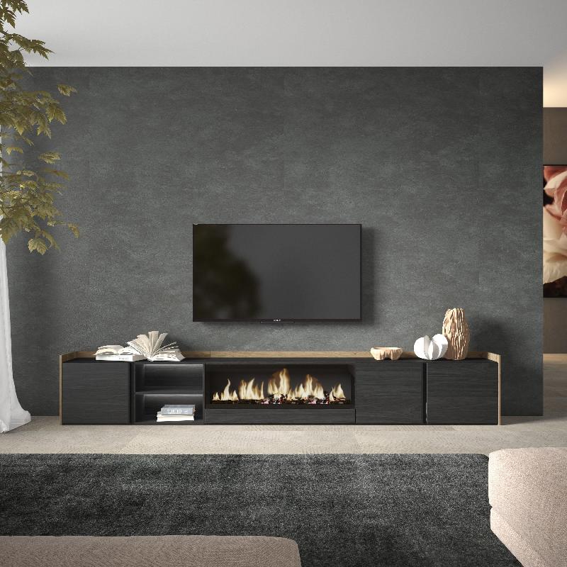 SKRAUT HOME - MEUBLE TV EFFET BOIS NOIR ET CHÊNE 315X35X50CM CHEMINÉE EFFET FEU XXL