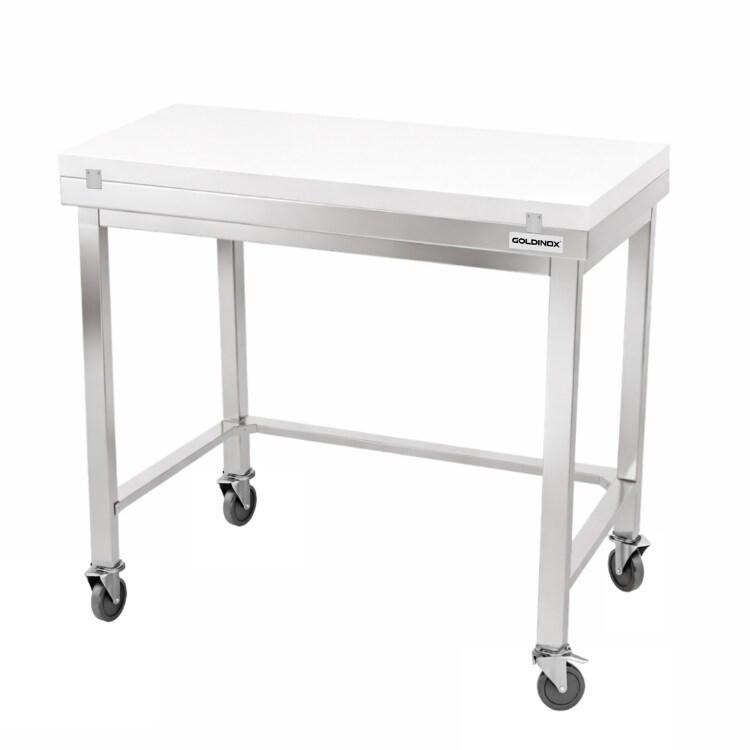 Table de travail en inox 1000x600 mm avec plaque de découpe blanche et renfort sur roulettes PREMIUM - GOLDINOX - gris inox 3701770841639_0