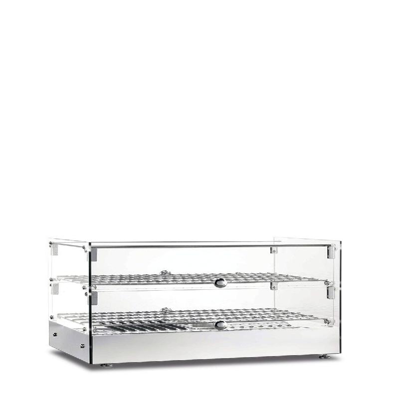 Vitrine de comptoir. Construction en acier et verre. Etagères chromées. Température de 30°C à 90°C. Dimensions (LxPxH) 555x361x379 mm. Modèle C_0