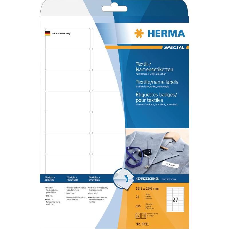 HERMA ETIQUETTES BADGES TEXTILES - HERMA - 29,6 X 63,5 MM - BLANC - BOÎTE DE 675 BADGES