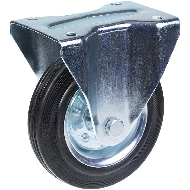Roulette fixe de 160 mm en caoutchouc noir sur roue centrale en acier pressé_0
