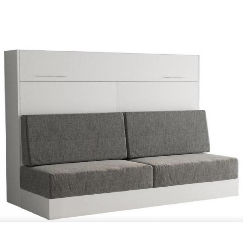 Armoire-lit escamotable VERTIGO SOFA - Blanc, canapé gris 4 coussins - Couchage 160x200 cm_0
