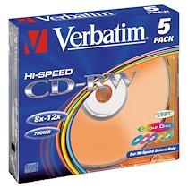 CD-RW VERBATIM 80MN 8X-12X BOÎTIER SLIM COULEUR - LOT DE 10