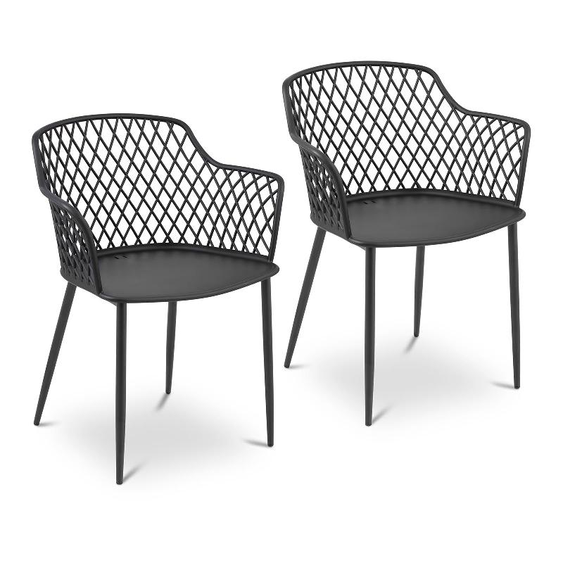 LOT DE 2 CHAISES SALON SALLE À MANGER RESTAURANT CAFÉS BUREAUX TERRASSES SALLES D\'ATTENTE150 KG MAX DOSSIER AVEC TROUS EN LOSANGE ACCOUDOIRS NOIR 14_0005993_0