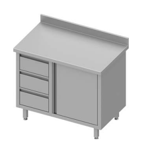 Meuble bas inox de travail adossée avec trois tiroirs  à gauche portes battantes 800x600x900 - 930426080_0