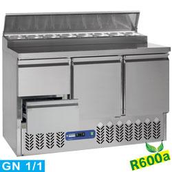 Pack saladette : table de préparation 3 portes avec 2 tiroirs gaz r600a compact line - SALP3/R6_GC1/2/R6_0