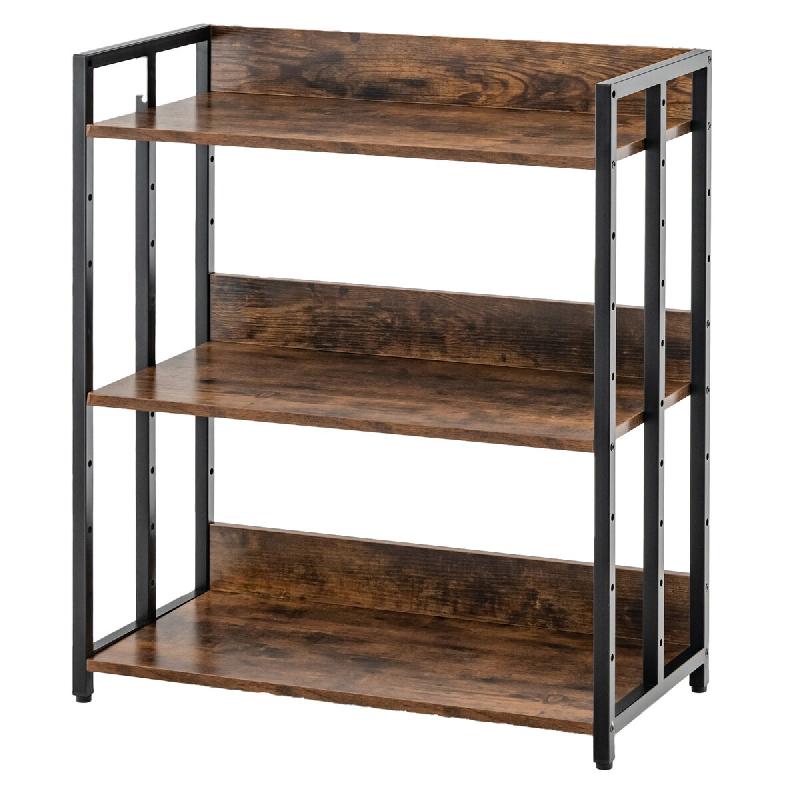 Étagère à livres à 3 niveaux COSTWAY avec étagères réglables et structure métallique, couleur marron - marron Bois manufacturé VH33488OR_0