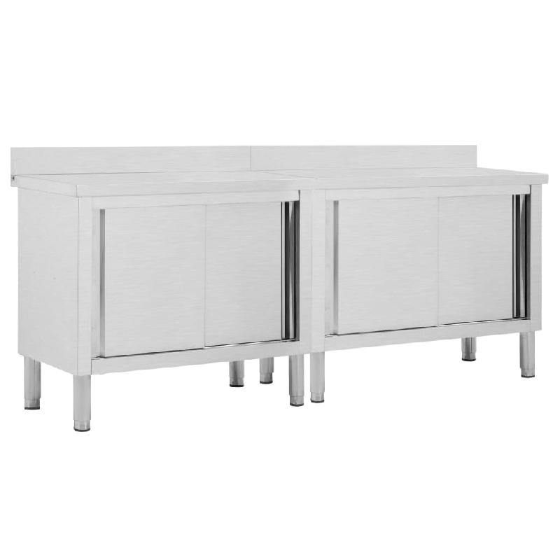 Lot de 2 tables de travail en acier inoxydable avec portes coulissantes et espace de rangement - 200 x 50 x (95-97) cm - Réf : 02_0000009_0